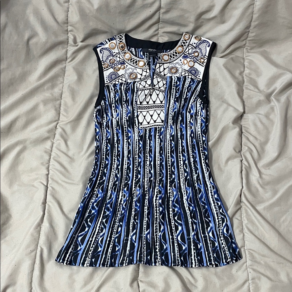 Alfani Petite Geometric Embellished Top in Blue and Black